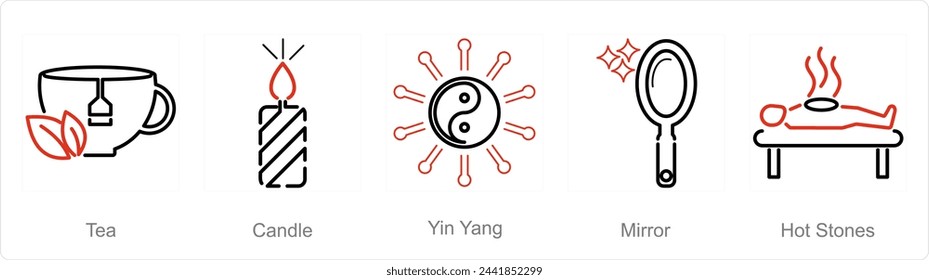 A set of 5 Beauty and Spa icons as tea, candle, ying yang