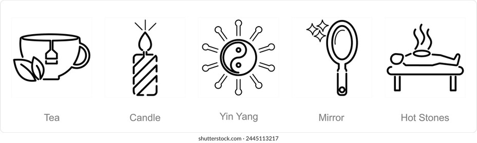 A set of 5 Beauty and Spa icons as tea, candle, ying yang