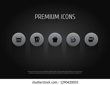 Set of 5 beverages icons set. Collection of kettle, whiskey, ice bucket and other elements.
