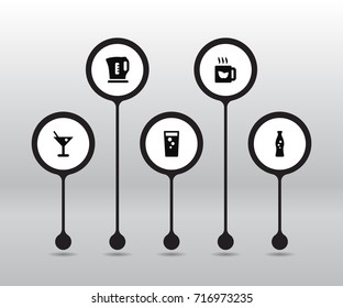 Set Of 5 Beverages Icons Set.Collection Of Electric Teapot, Green Tea, Soda And Other Elements.