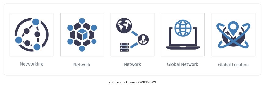 A set of 5 Big Data icons such as Networking, network and Global Network