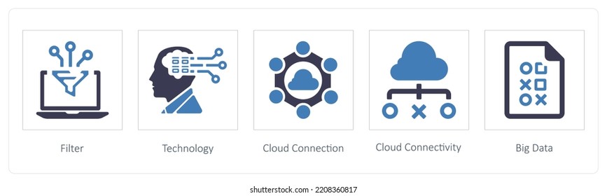 A set of 5 Big Data icons such as filter, technology and Cloud Connection