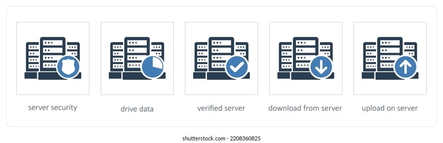 Un conjunto de 5 iconos de Big Data como la seguridad del servidor, los datos de la unidad y el servidor verificado