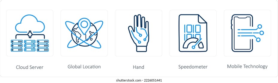 A set of 5 big data icons such as cloud server, global location