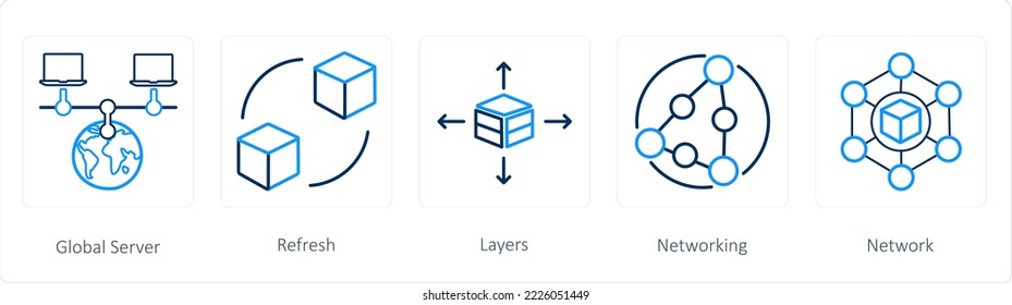 A set of 5 big data icons such as global server, refresh, layers