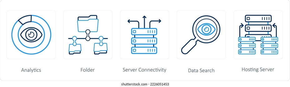 A set of 5 big data icons such as analytics, floder, server connectivity