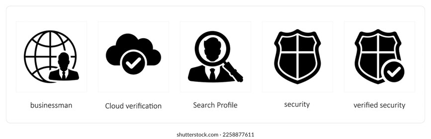 A set of 5 Big Data icons such as businessman, cloud verification and search profile