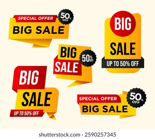 Set of 5 big sale label design related to store promotion, advertisement. Overall appearance suggests that this design meant to attract attention