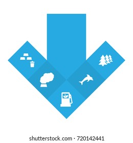 Set Of 5 Bio Icons Set.Collection Of Autorefuelling, Fish, Trashcan And Other Elements.