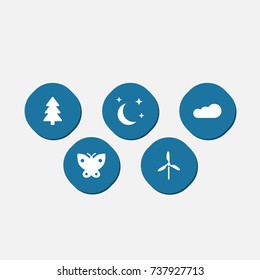 Set Of 5 Bio Icons Set.Collection Of Spruce, Wind Energy, Midnight And Other Elements.