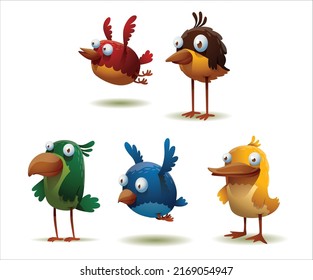 set of 5 bird cartoon character vector