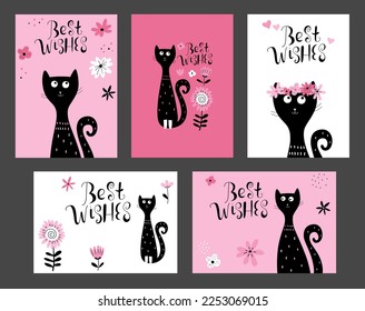 Set of 5 birthday greeting cards with a cute black cat, flowers and hand drawn lettering Best wishes. Vector illustration.