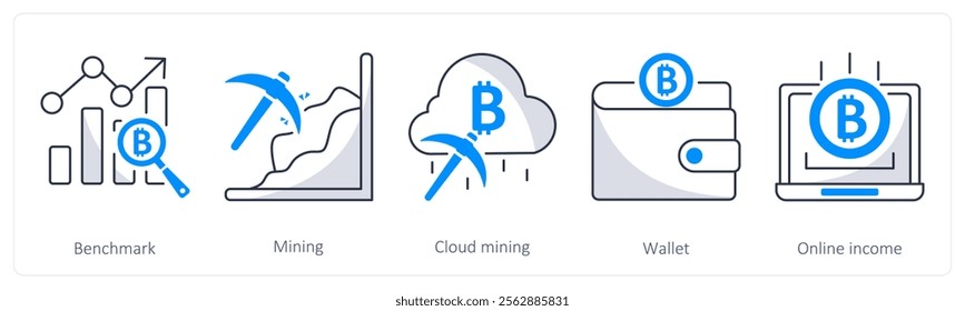 A set of 5 bitcoin icons as benchmark, mining, cloud mining