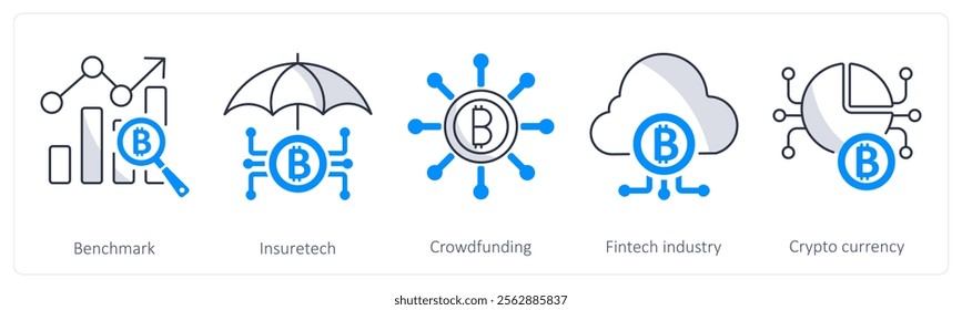 A set of 5 bitcoin icons as benchmark, insuretech, crowdfunding