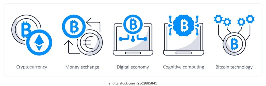 A set of 5 bitcoin icons as cryptocurrency, money exchange, digital economy