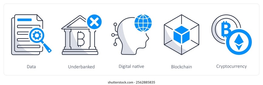 A set of 5 bitcoin icons as data, underbanked, digital native
