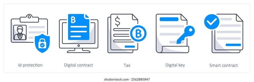 A set of 5 bitcoin icons as id protection, digital contract, tax