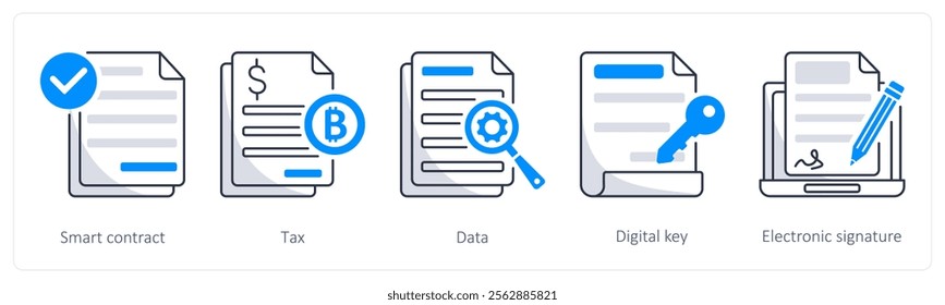 A set of 5 bitcoin icons as smart contract, tax, data