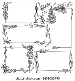 Set of 5 Black Doodle Hand Drawn Decorative Outlined frames with Branches, Herbs, Plants, Leaves and Flowers, Florals. Vector Illustration.