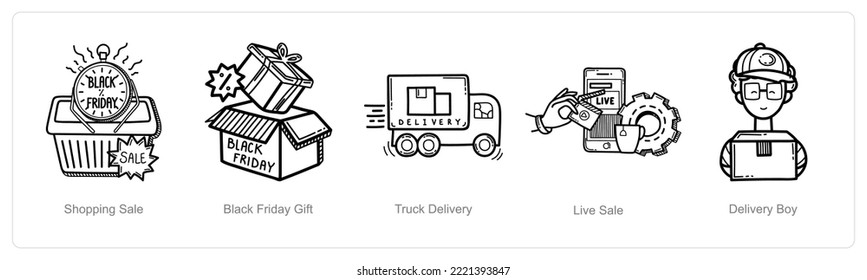 A set of 5 black friday icons such as shopping sale, black Friday gift