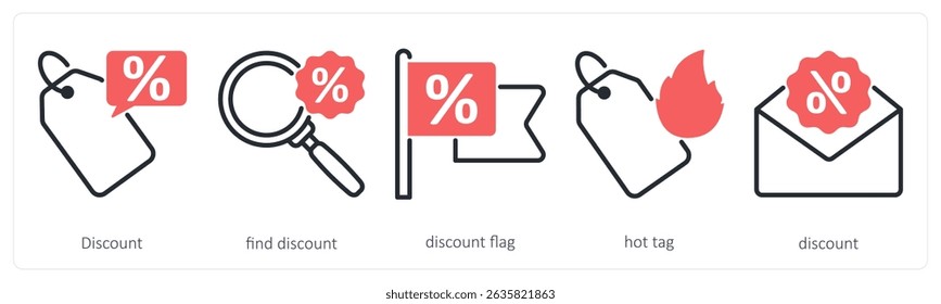 A set of 5 black friday icons as discount, find doscount, discount flag