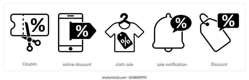 A set of 5 black friday icons as coupon, online discount, cloth sale