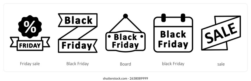 A set of 5 black friday icons as friday sale, black friday, board