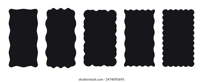 Set of 5 black rectangle with wavy borders. Trendy frame for a photo, picture or mirror. Template, stickers, social media. Vector illustration isolated on a white background.