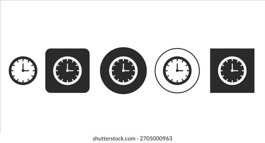 Set of 5 black and white clock time icons for web design | Monochrome circular and squared time symbol UI vector collection | Flat and outlined analog watch face graphic elements | High-quality minima