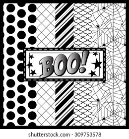 set of 5 black and white seamless patterns for Halloween