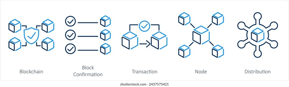 A set of 5 Blockchain icons as blockchain, block confirmation, transaction