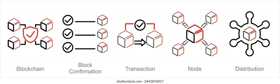 A set of 5 Blockchain icons as blockchain, block confirmation, transaction