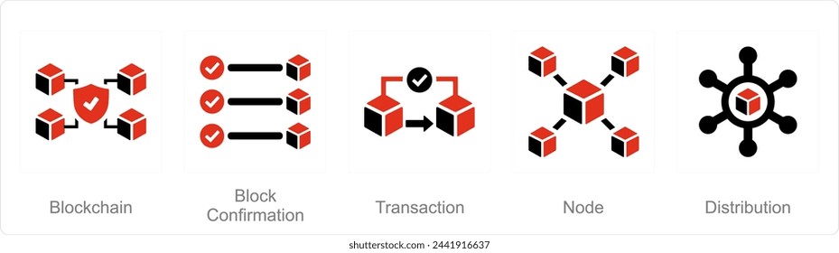 Un conjunto de 5 iconos de Blockchain como blockchain, confirmación de bloque, transacción