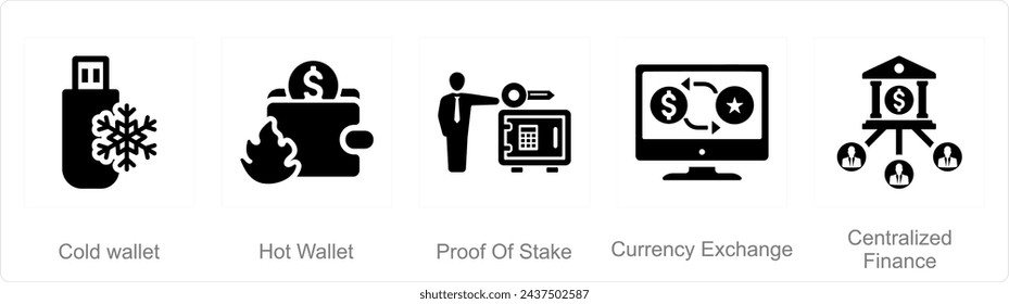 A set of 5 Blockchain icons as cold wallet, hot wallet, proof of stake