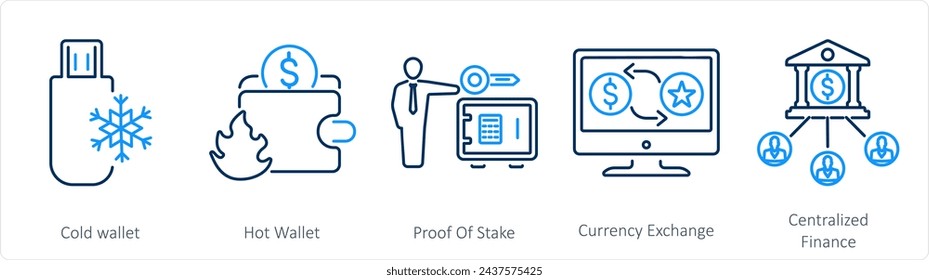 A set of 5 Blockchain icons as cold wallet, hot wallet, proof of stake