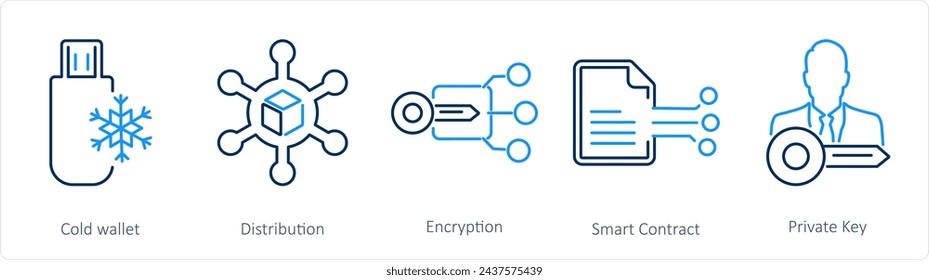 A set of 5 Blockchain icons as cold wallet, distribution, encryption