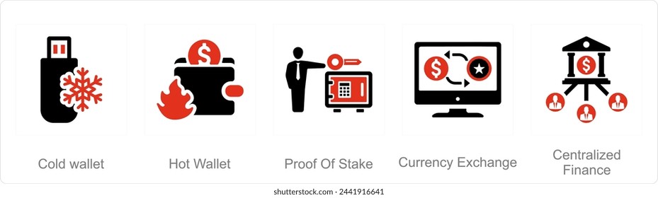 A set of 5 Blockchain icons as cold wallet, hot wallet, proof of stake