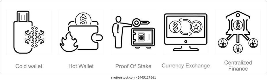 A set of 5 Blockchain icons as cold wallet, hot wallet, proof of stake