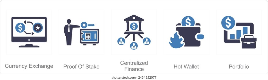 A set of 5 Blockchain icons as currency exchange, proof of stake, centralized finance