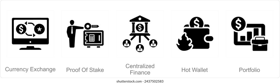 A set of 5 Blockchain icons as currency exchange, proof of stake, centralized finance