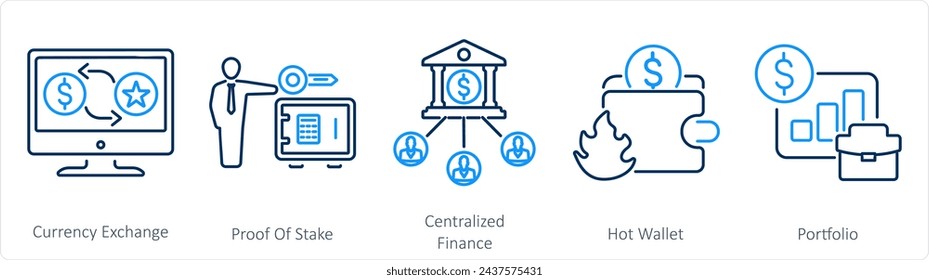 A set of 5 Blockchain icons as currency exchange, proof of stake, centralized finance