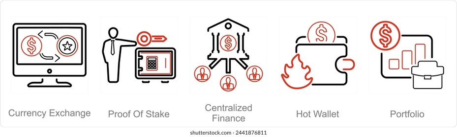 A set of 5 Blockchain icons as currency exchange, proof of stake, centralized finance