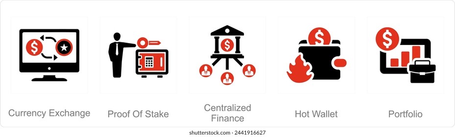 A set of 5 Blockchain icons as currency exchange, proof of stake, centralized finance