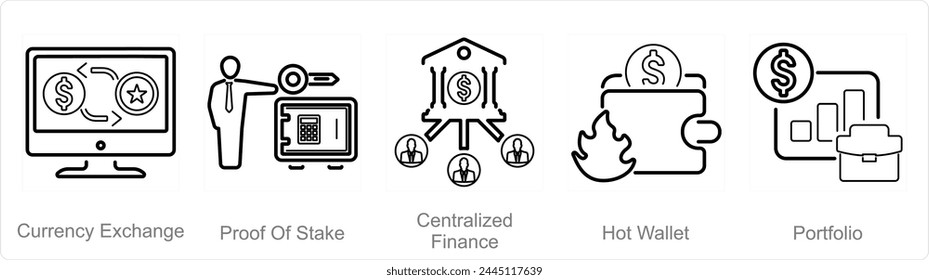 A set of 5 Blockchain icons as currency exchange, proof of stake, centralized finance