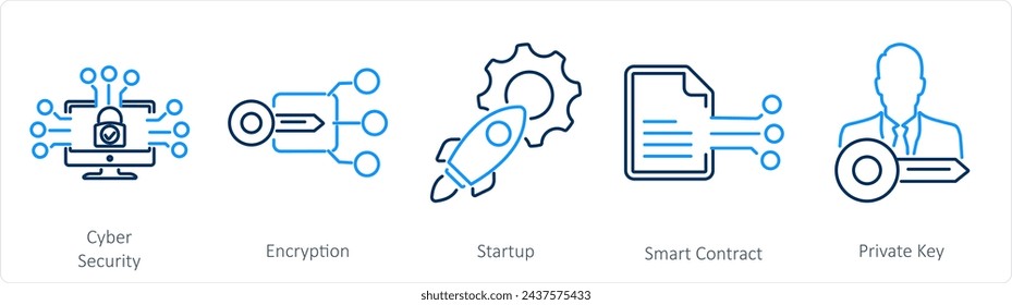 A set of 5 Blockchain icons as cyber security, encryption, startup