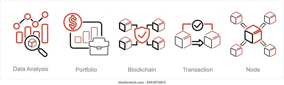 A set of 5 Blockchain icons as data analysis, portfolio, blockchain