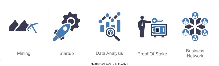 A set of 5 Blockchain icons as mining, startup, data analysis