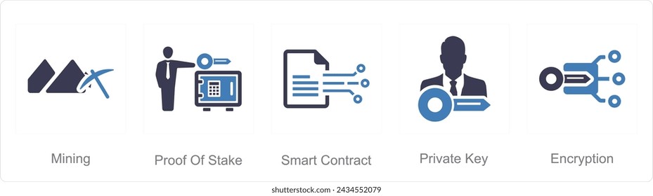 A set of 5 Blockchain icons as mining, proof of stake, smart contract