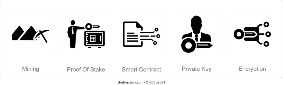 A set of 5 Blockchain icons as mining, proof of stake, smart contract