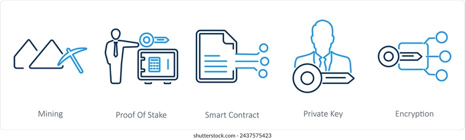 A set of 5 Blockchain icons as mining, proof of stake, smart contract